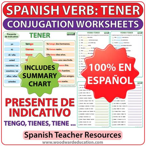 Tener Spanish Verb Conjugation Worksheets Present Tense Woodward