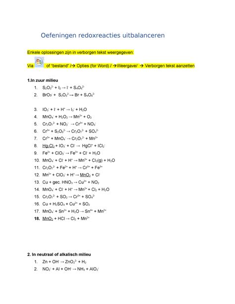 Oefeningen Redoxreacties Uitbalanceren S 2 O 3 2 I 2 I S 4 O 6