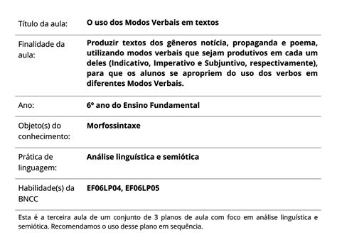 Plano De Aula Ano L Ngua Portuguesa O Uso Dos Modos Verbais Em The