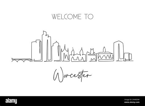 One Single Line Drawing Worcester City Skyline Massachusetts World Historical Town Landscape