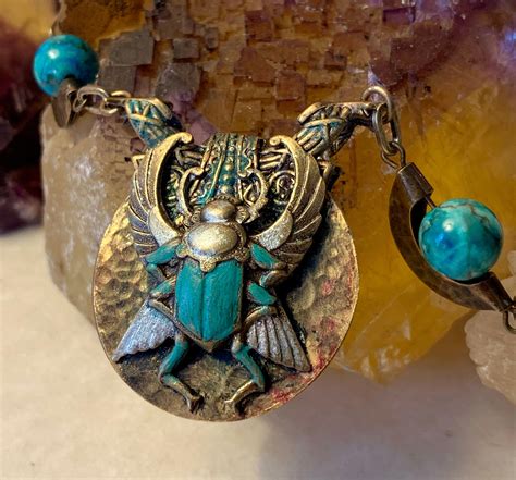 Egyptian Scarab Amulet Necklace Brass And Blue Green African Etsy