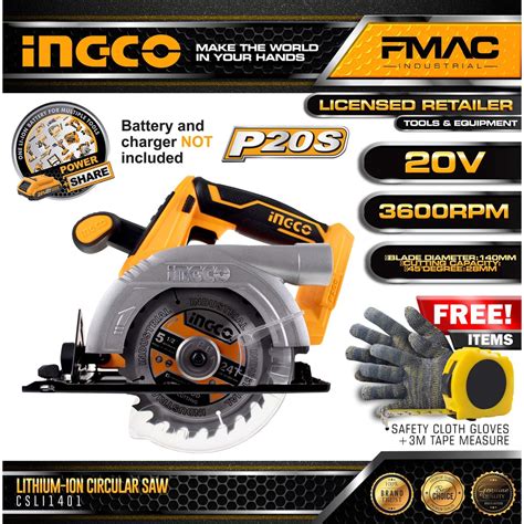 Ingco CSLI1401 20V Lithium Ion Cordless Circular Saw P20S POWERSHARE