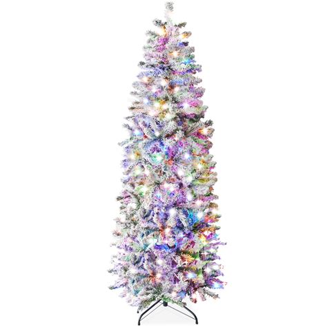 Pre-Lit Snow Flocked Artificial Pencil Christmas Tree w/ Multicolor Li ...