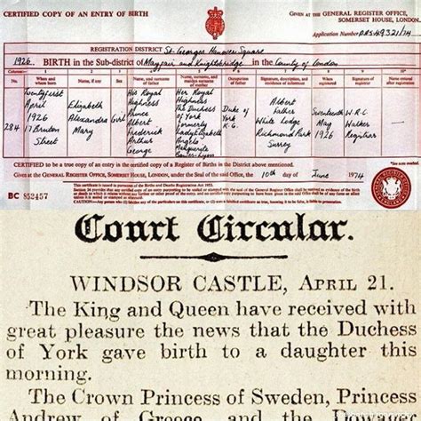 Queen Elizabeth II Birth Announcement in Court Circular