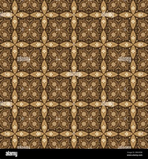 Modern Art Work Flower Motifs On Kawung Batik Design With Simple Dark Brown Color Design Stock