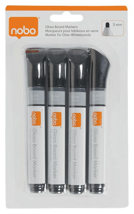 Nobo Liquid Ink Glass Whiteboard Pens Bullet Tip 4 Pack Nobo