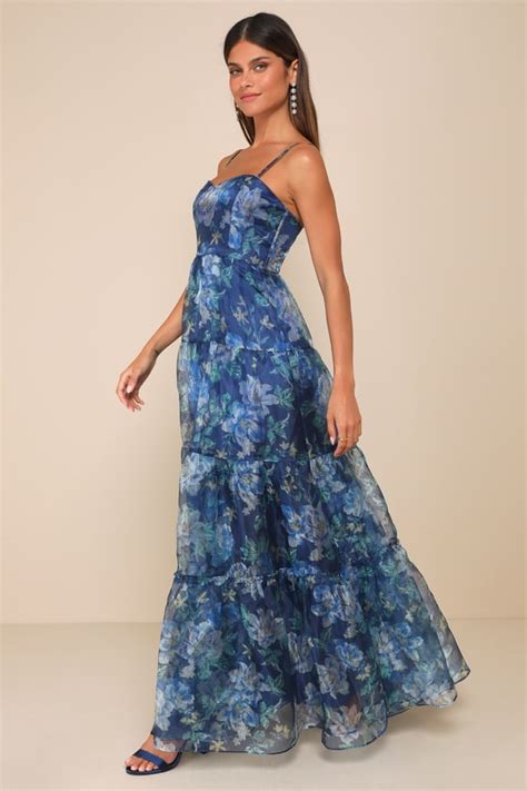 Blue Floral Organza Dress Tiered Floral Gown Black Gown Lulus