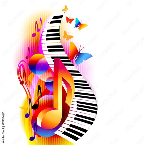 Colorful 3d music notes with piano keyboard and butterfly. Music ...