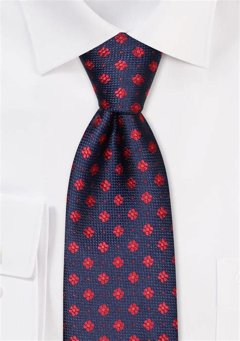 Navy Crimson Necktie Floral Foulard Designer Tie In Navy And Crimson