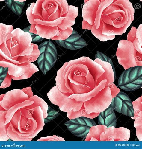 Seamless Floral Pattern With Red Roses On Black Background Stock