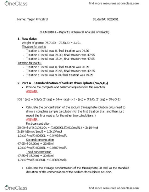 CHEM 1010H Lecture Notes Spring 2018 Lecture 1 Sodium Thiosulfate