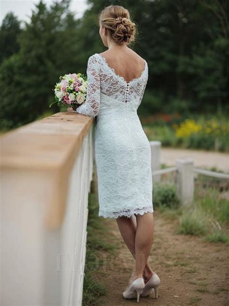 Sheath Column Scoop Knee Length Lace Wedding Dresses Flormiss