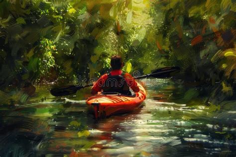 An Impressionistic Painting Featuring A Man Navigating A Kayak On A