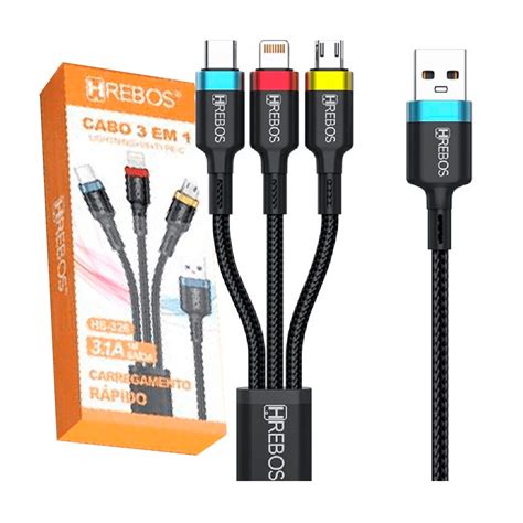 Cabo 3 Em 1 Micro USB Type C Lightning Hrebos HS 326