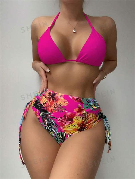 Tropical Print Halter Triangle Bikini Swimsuit With Kimono Shein Usa