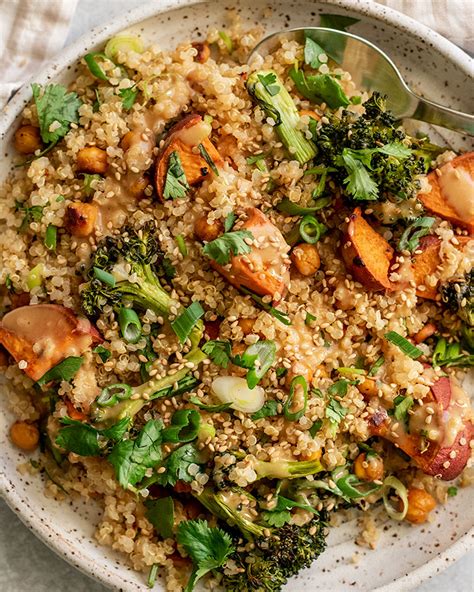 Roasted Sweet Potato Quinoa Salad With Sesame Miso Sauce Plant Based Rd