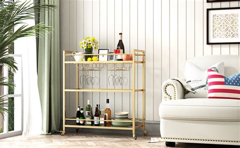 Amazon LORMITER Glass Gold Bar Carts For Home With Hanging Wine