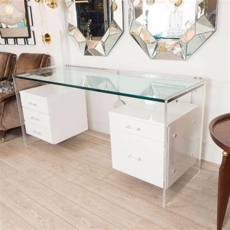 White Glass Desk With Hanging Lacquered Drawers Cool Design In 2019 White Desk With Drawers