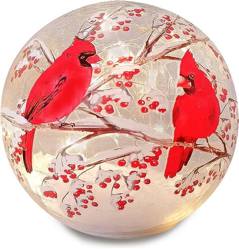 Crackle Glass Cardinal Lamp Battery Operated Globe Lamp For Women Stylish Cardinal Decor