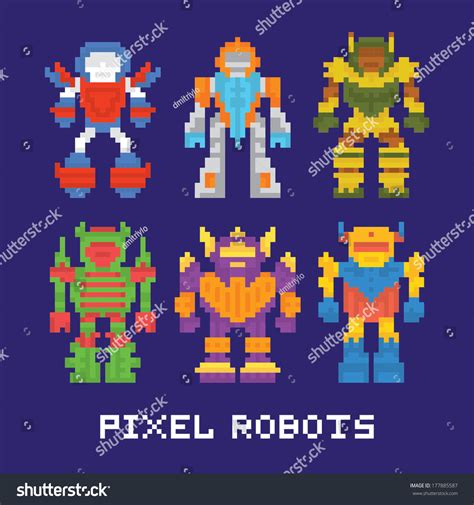 Vektor Stok Pixel Art Isolated Robots Vector Set Tanpa Royalti