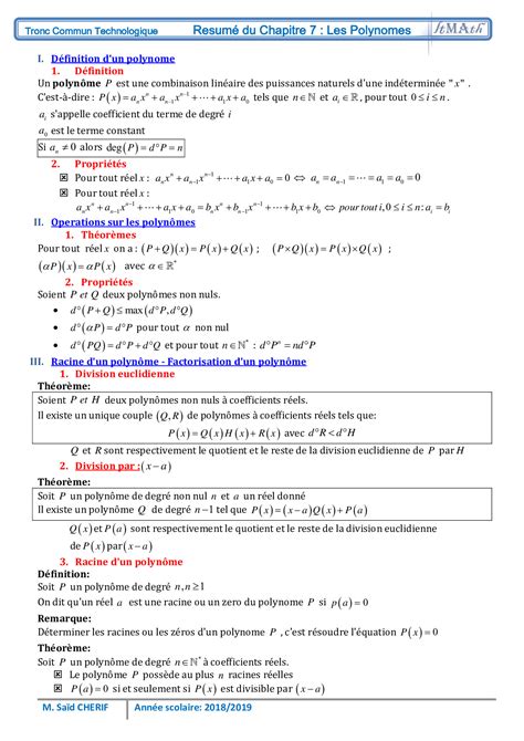 Les polynômes exercices corrigés tronc commun Sciences Biof Dyrassa