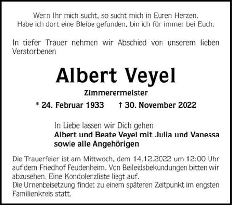 Traueranzeigen Von Albert Veyel Trauerportal Ihrer Tageszeitung