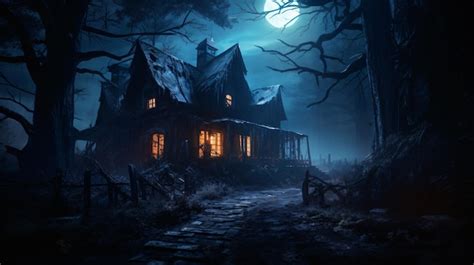 Premium AI Image | Haunted house Old abandoned house in the night forest