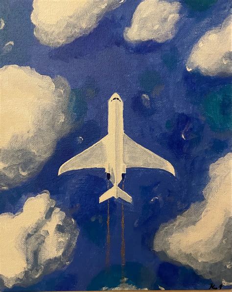 Acrylic plane paining soaring in the sky with a gold trail surround by ...