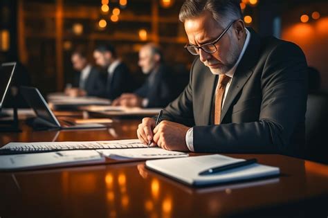 Premium Photo Man In Suit Writing On Piece Of Paper Generative Ai