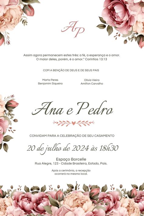 Convite de Casamento Impresso Floral Rosê delicado Elo7