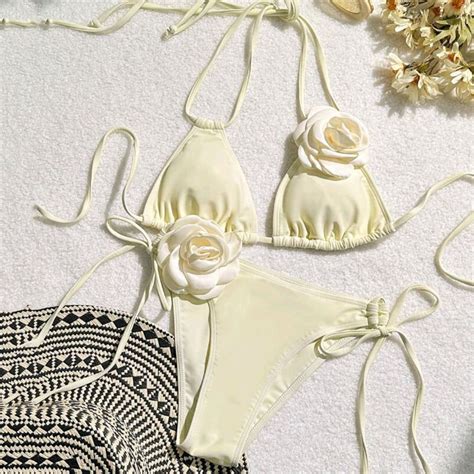 Sexy Flower Bandeau Swimwear Thong Bikini 2024 Women Lace Up Swimsuits