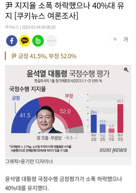 쿠키뉴스 여론조사 尹 지지율 소폭 하락했으나 40대 유지 415 정치시사 에펨코리아