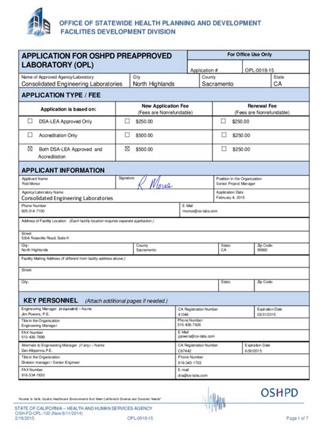 Fillable Online Oshpd Ca Application For OSHPD Preapproved Laboratory