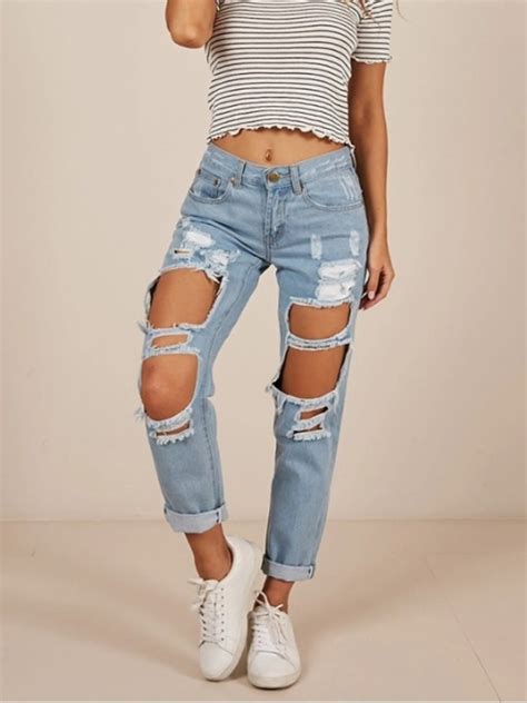 Eye Catching Holes Design Straight Leg Custom Made Jeans