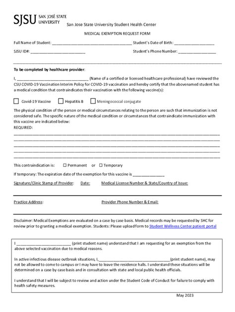 Fillable Online SJSU SHC Medical Exemption Form San Jose State