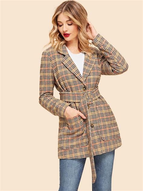 Houndstooth Belted Coat Shein Coats For Women Clothes For Women