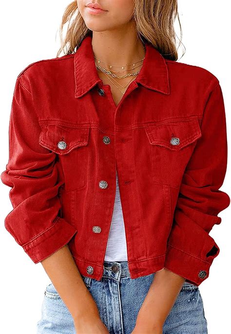 Damen Jeansjacken Oversize Langarm Basic Button Down Jeansjacke Mit