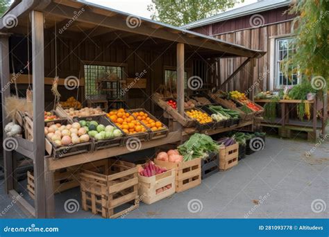 Fruit And Vegetable Stand With Fresh Produce Crates Bins And Baskets