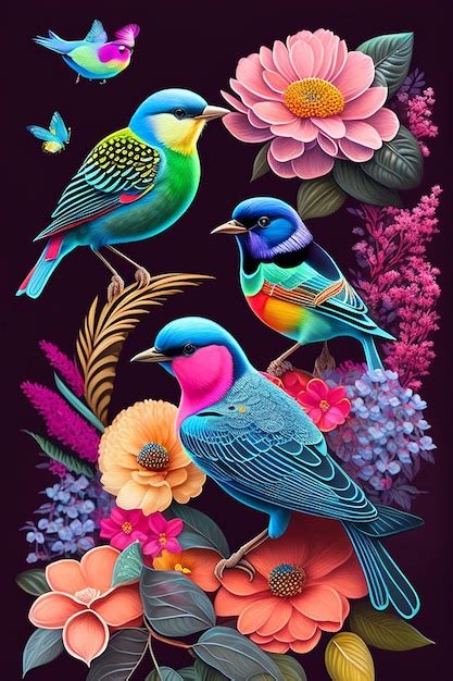 Premium AI Image | A colorful painting of birds and flowers.