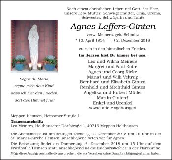 Traueranzeigen Von Agnes Leffers Ginten Noz Trauerportal