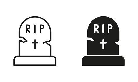 Tombstone On Grave With Rip Text Line And Silhouette Black Icon Set