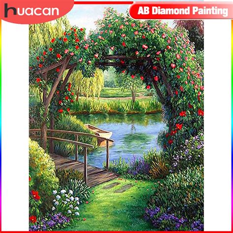 HUACAN Pintura De Diamante 5D DIY Paisaje De Lago Mosaico De Flores De