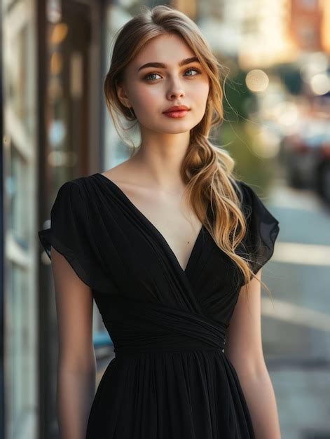 Premium Photo A Close Up Of A Woman In A Black Dress Posing For A Picture