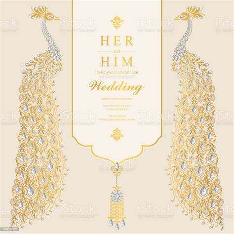 Wedding Invitation Card Templates With Gold Peacock Feathers Patterned