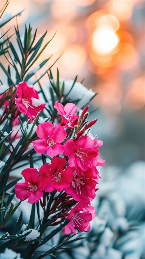 Pink Flowers In Snow Winter Blooming Plants Snow Covered Flowers