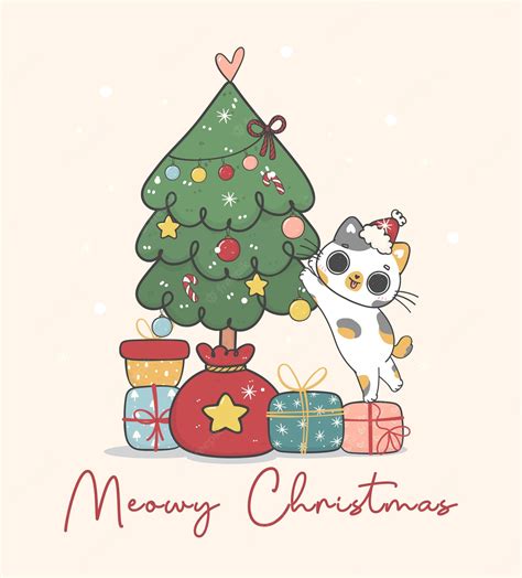 Premium Vector Cute Naughty Calico Kitten Cat Standing Decorating A Christmas Pine Tree Merry