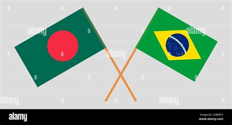 Crossed Flags Of Bangladesh And Brazil Official Colors Correct Proportion Vector Illustration