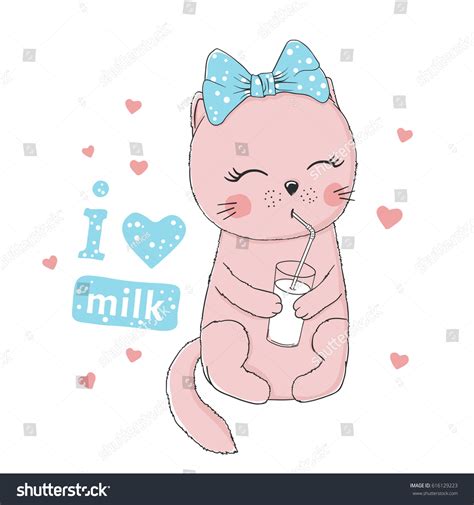 Cute Cat Little Kitten Drinking Milk Stock Vector (Royalty Free ...