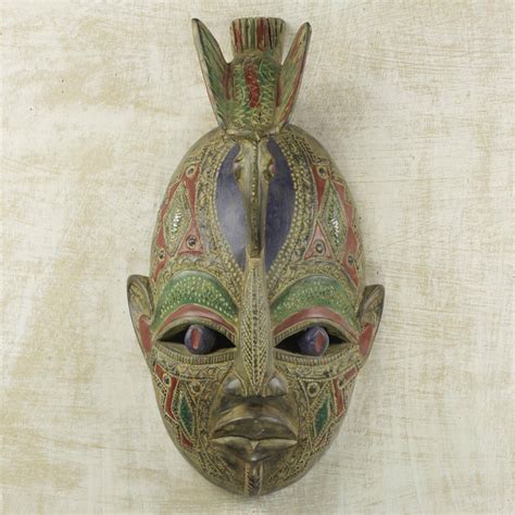 Multicolored Hand Carved African Wood Wall Mask With Dove Daring Warrior Novica