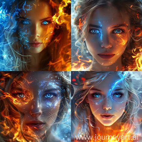 Stunning Portrait Of A Girl Embracing Fire And Ice With Mesmerizing Blue Eyes Journeyart